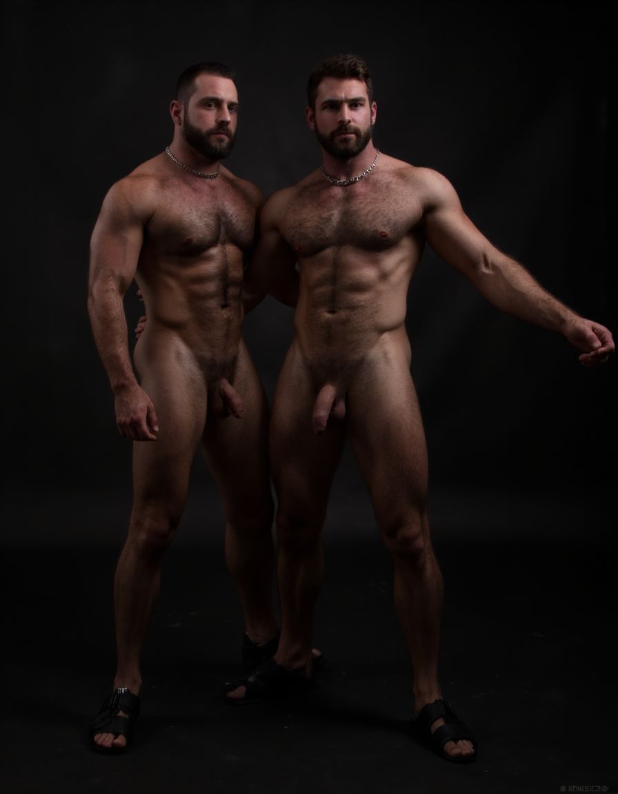 Austin Wolf, 40 años, 188cm de altura, musculoso, cuerpo extremadamente marcado y definido, pectorales grandes y cuadrados, abdominales six-pack profundos, brazos gruesos y venosos, hombros anchos, trapecios marcados, piel blanca bronceada, pelo negro corto con rapado a los lados estilo fade, barba negra densa perfectamente recortada cubriendo mandíbula cuadrada, ojos marrones oscuros con mirada penetrante desafiante, rasgos faciales masculinos y angulosos, nariz recta, cejas gruesas, vello corporal negro en pecho bajando por abdomen, tatuajes en brazos y torso, manos atadas con cuerda, collar de cuero negro con argolla de metal plateado al cuello, torso desnudo brillante de sudor con marcas de latigazos cruzando la espalda y hombros, expresión de sumisión forzada pero con actitud alfa contenida, mandíbula apretada, músculos tensos y flexionados, piernas musculosas muslos mostrando pene grande pronunciado, tiene pene de 20 cm de longitud y 8 cm de diámetro. Tiene sandalias negras en los pies. Iluminación dramática cenital tipo mazmorra BDSM, cadenas y ganchos colgando del techo de fondo, ambiente oscuro con tonos grises y negros, fotografía hiperrealista 8K. Tiene zapatos de tacón alto de color negro en los pies. Sus pies están a la vista. Está muy contento de su cuerpo perfecto y levanta y flexiona los brazos para enseñar sus músculos bíceps. Está muy contento de tener el cuerpo perfecto que gusta a todos. Enseña sus pies. Salta de alegría enseñando su pene de 18 cm de longitud con una sonrisa de alegría por tener un cuerpo perfecto. Manos arriba brazos hacia arriba flexionados enseñando músculos bíceps muy marcados. Por detrás de Austin hay un hombre musculoso peludo y muy fuerte que está abrazándole desde su espalda y tiene sus manos sobre sus músculos pectorales acariciando los pezones de sus tetas. 
