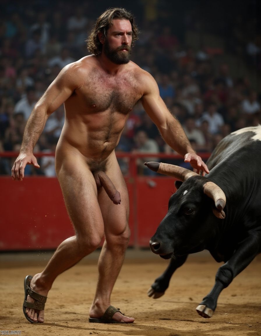 Hombre musculoso y velludo, torero español de 50 años, con un torso musculoso, tiene un pene hermoso perfecto y de tamaño XXL, tiene mucho vello púbico denso y moreno, piel bronceada y sudorosa. Tiene una barba incipiente, mientras su cabello largo castaño oscuro está despeinado y sudoroso, con gotas de sudor que resbalan por su frente y mejillas. Su torso de atleta marcado definido y sus abdominales y pectorales están muy marcados y definidos, tiene un vello corporal muy denso que se extiende desde su pecho hasta sus piernas y hasta sus brazos y espalda.
Tiene un pene muy grueso de 25 cm de longitud con forma perfecta está rodeado de un denso vello púbico castaño oscuro. Tiene dos testículos de grandes dimensiones y perfectamente formados que cuelgan por debajo. Tiene piel bronceada con brillo de sudor y sus músculos están en forma y bien definidos con aspecto delgado pero sobresalen sus pectorales muy marcados sin nada de grasa.
La escena está en una plaza de toros en un ambiente sensual con sombras que resaltan la musculatura y el vello corporal del hombre.
Tiene sandalias en sus pies. Su pene está erecto y enseña sus enormes testículos. A su lado hay un toro. Está saltando para subir sobre el lomo del toro 