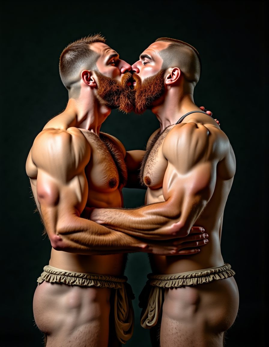 Dos hombres musculosos y desnudos de la antigua Grecia, con rostros masculinos definidos y expresiones de deseo, se encuentran en una posición de misionero, con uno de ellos penetrando brutalmente el ano del otro con su pene de 50 cm de longitud y 8 cm de diámetro, chorreando semen y llenos de fluidos sexuales. El hombre que penetra es más alto y tiene una barba y bigote pelirrojos (1.3), con pectorales muy marcados y detallados (1.3), y un pecho y brazos extremadamente velludos, mientras que sus piernas también están cubiertas de vello (1.3). El hombre que es penetrado es más bajo y tiene una musculatura definida, con un pecho y hombros anchos, y una cintura delgada, y pectorales marcados y muy definidos con pezones sobresalientes (1.3). Ambos hombres se abrazan con fuerza, con sus cuerpos masculinos bien dotados, y se besan apasionadamente. La escena se desarrolla en un estudio con iluminación dramática (1.3) y fondo negro (1.3), con un enfoque nítido y una resolución UHD y HDR. La pose es dinámica, con piernas abiertas y un arnés visible, y los rasgos velludos y el vello pectoral del hombre moreno son destacados. La imagen es hiperrealista (1.3) y muestra una gran angular.  Están de perfil enseñando el culo.