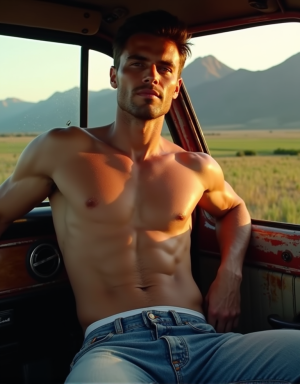 Hombre semidesnudo muy sexy con torso musculoso y abdomen marcado, sentado en la cabina de un camión antiguo, con la puerta abierta y una vista panorámica del paisaje rural al fondo, iluminado por la luz cálida del atardecer, con un brillo suave en su piel bronceada, vistiendo solo unos pantalones vaqueros desgastados y desabrochados, mostrando parte de su ropa interior y destacando su físico atlético, con una expresión sensual y confiada en su rostro, y un fondo de montañas y campos verdes que resaltan su figura masculina.