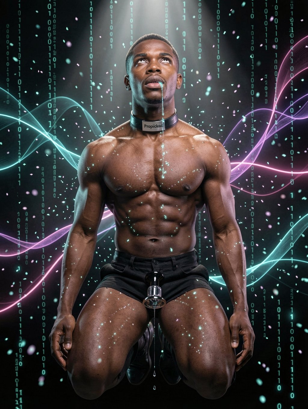 Hombre musculoso arrodillado sobre un fondo oscuro de estética futurista, con el torso desnudo brillante como si estuviera cubierto de sudor o partículas luminosas, mirando hacia arriba con expresión seria y concentrada. Lleva un collar negro ajustado al cuello con una pequeña placa frontal y unos pantalones cortos negros muy ceñidos; en la zona de la entrepierna destaca un dispositivo metálico tipo candado o jaula de castidad sujeto sobre la ropa, aportando un aire fetichista y de control. A su alrededor caen columnas de código binario verde, mientras ondas de luz turquesa y rosa cruzan la escena, creando una atmósfera digital, ciberpunk y de alta tecnología.