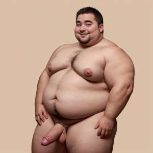 Joven gordo desnudo, pecho grande, mamas prominentes, piel suave y rolliza, estómago redondeado, sonrisa sensual, mirada provocativa, pose relajada, fondo neutro y luminoso. Está de pie y le cuelga el pene y los testiculos.