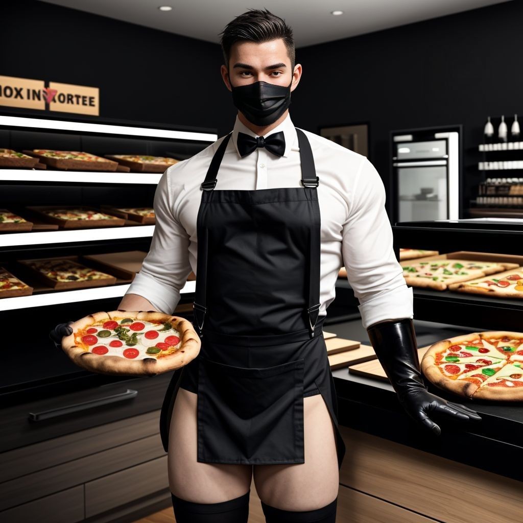 Un pizzero con camisa blanca ajustada, pajarita negra, mascarilla y delantal negro posa en una pizzería moderna sosteniendo dos pizzas recién hechas, una en cada mano, cubiertas de queso, pepperoni, tomate y hojas verdes. El uniforme combina un estilo formal con un atuendo provocador: el delantal corto deja al descubierto gran parte de los muslos y las nalgas, mientras lleva guantes negros brillantes y medias altas. Al fondo aparecen vitrinas y mostradores iluminados con más pizzas expuestas, estanterías oscuras y un ambiente de cocina o local gourmet de tonos negros y madera, creando una escena llamativa entre panadería, comida rápida y estética fetichista.