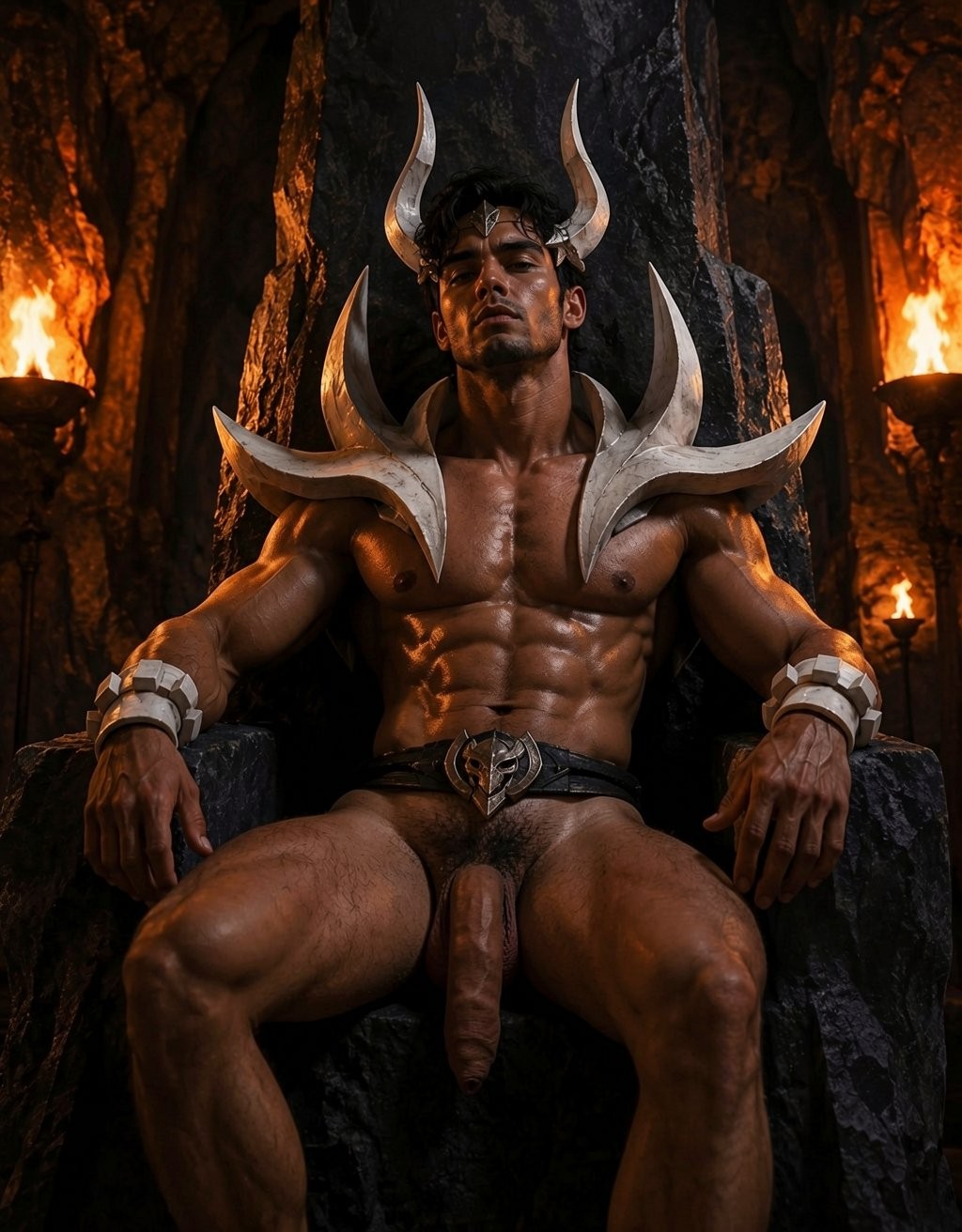 Un hombre musculoso de aspecto demoníaco o guerrero fantástico está sentado en un trono de piedra oscura dentro de una cueva iluminada por antorchas, con el torso desnudo, piel brillante por el sudor y una expresión seria y dominante. Lleva grandes cuernos curvados en la cabeza, hombreras metálicas afiladas con formas de garras, brazaletes blancos y un cinturón con adorno central, mientras sus piernas están abiertas y su pene queda completamente expuesto. El ambiente rocoso, las llamas anaranjadas y la postura poderosa refuerzan una estética de fantasía oscura, señor infernal, bárbaro, erotismo masculino y poder ritual.