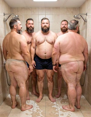 Cinco hombres corpulentos y barbudos posan en una ducha comunitaria revestida de azulejos beige, bajo una luz rectangular de techo y con dos alcachofas de ducha metálicas a ambos lados. El hombre del centro mira de frente con expresión seria, lleva un bañador negro corto y muestra torso velludo, barriga prominente y piernas fuertes; a su alrededor aparecen otros hombres desnudos o parcialmente cubiertos, dos de espaldas con las nalgas visibles y la piel húmeda, y otros dos de frente parcialmente tapados por los cuerpos cercanos. El suelo está mojado, con charcos y espuma dispersa, reforzando el ambiente de vestuario, higiene, ducha compartida, cuerpos grandes, vello corporal y retrato masculino frontal y lateral.