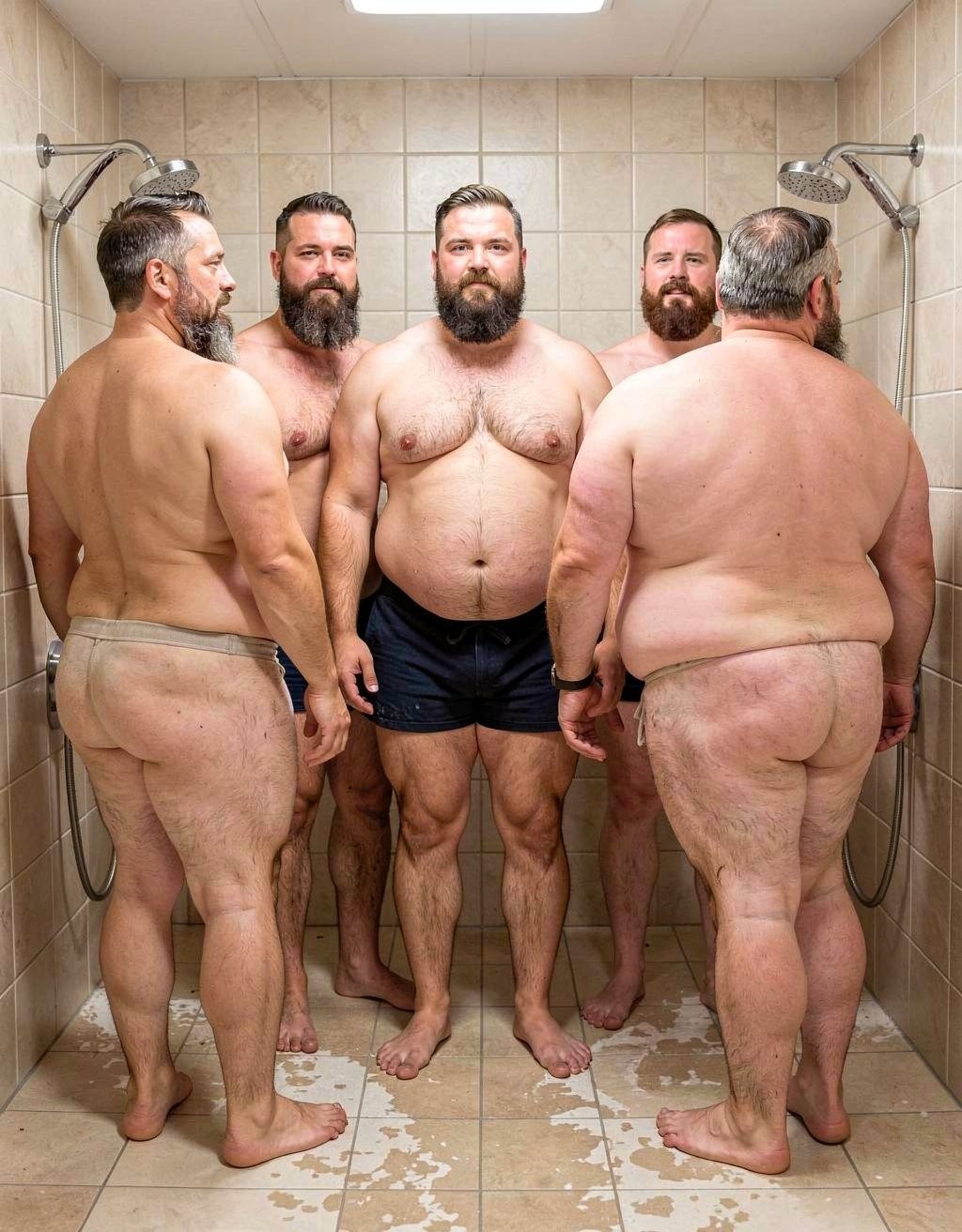 Cinco hombres corpulentos y barbudos posan en una ducha comunitaria revestida de azulejos beige, bajo una luz rectangular de techo y con dos alcachofas de ducha metálicas a ambos lados. El hombre del centro mira de frente con expresión seria, lleva un bañador negro corto y muestra torso velludo, barriga prominente y piernas fuertes; a su alrededor aparecen otros hombres desnudos o parcialmente cubiertos, dos de espaldas con las nalgas visibles y la piel húmeda, y otros dos de frente parcialmente tapados por los cuerpos cercanos. El suelo está mojado, con charcos y espuma dispersa, reforzando el ambiente de vestuario, higiene, ducha compartida, cuerpos grandes, vello corporal y retrato masculino frontal y lateral.