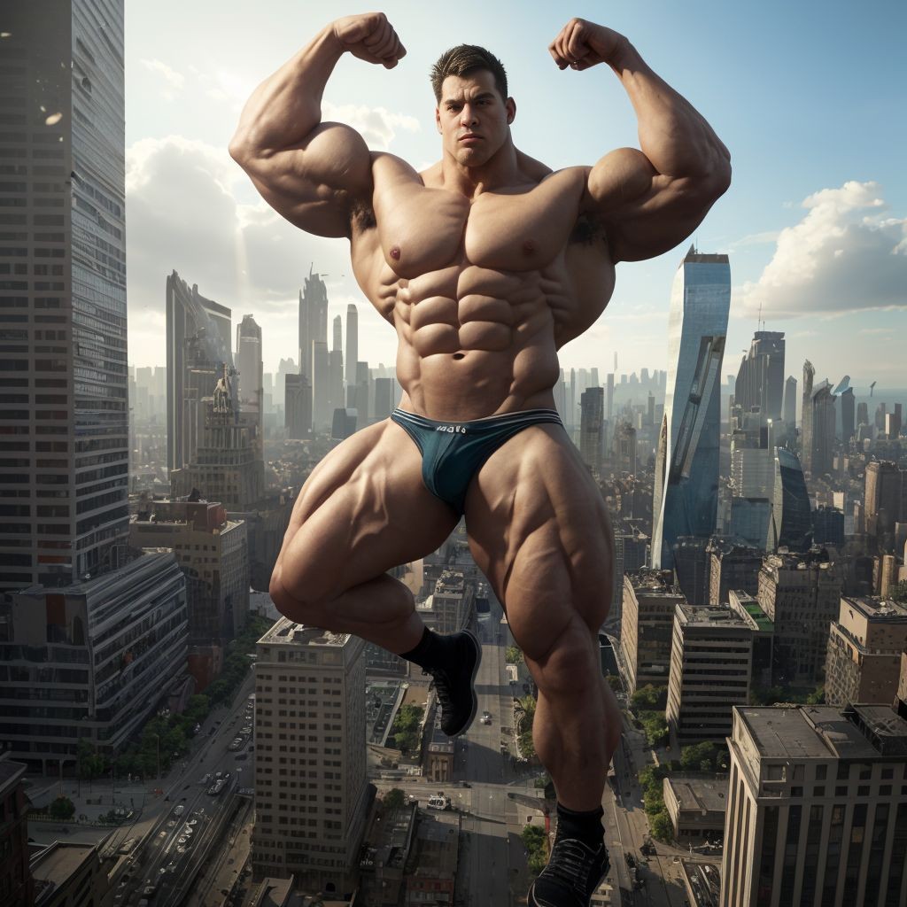 A massive, muscular 25-year-old man towering over a densely packed modern city. His body is extremely defined with visible abs, powerful legs, and large arms covered in tribal tattoos. He is wearing only a fitted brief-style underwear, emphasizing his muscular physique. The giant is actively crushing skyscrapers beneath his feet, with debris flying into the air as his immense size causes destruction. Tiny cars and people are scattered below, emphasizing the scale of his size. The lighting is dynamic, with sunlight casting dramatic shadows on his body and the buildings. The scene is cinematic, with a mix of realism and epic proportions, featuring a vivid, detailed cityscape with scattered clouds in the background.

