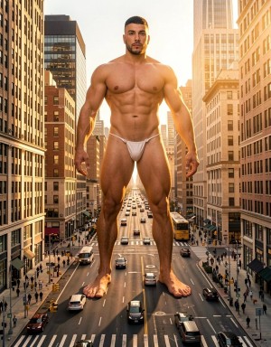 Hombre musculoso de proporciones gigantescas, con pelo corto oscuro, barba recortada y expresión seria, erguido descalzo en medio de una avenida urbana. Lleva un ajustado tanga blanco que cubre el pene y destaca su torso definido, abdominales marcados, brazos voluminosos y piernas atléticas. Su enorme cuerpo ocupa varios carriles entre rascacielos de fachadas modernas y edificios clásicos, mientras coches, autobuses, taxis y peatones circulan diminutos bajo sus pies. La luz dorada del atardecer ilumina la ciudad y acentúa el carácter surrealista de la escena.
