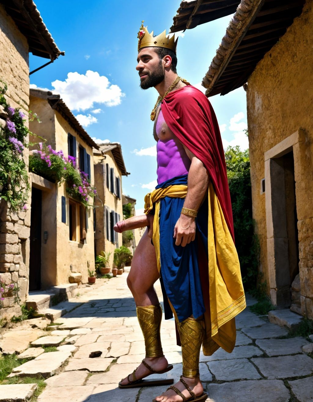 Hombre griego del siglo 1. Esta en un poblado del siglo 1 con casas antiguas. Está desnudo. Tiene un pene grande colgando entre las piernas. Tiene dos testículos gordos y peludos colgando entre las piernas. Está de pie mirando sus sandalias de los pies. Está contento. Tiene una corona de oro con diamantes en la cabeza. Tiene un collar de cadena de oro con una cruz colgando del cuello. Tiene una capa roja colgada del cuello hacia la espalda. Tiene sandalias marrones en los pies. Tiene un lazo largo azul en la mano izquierda.
