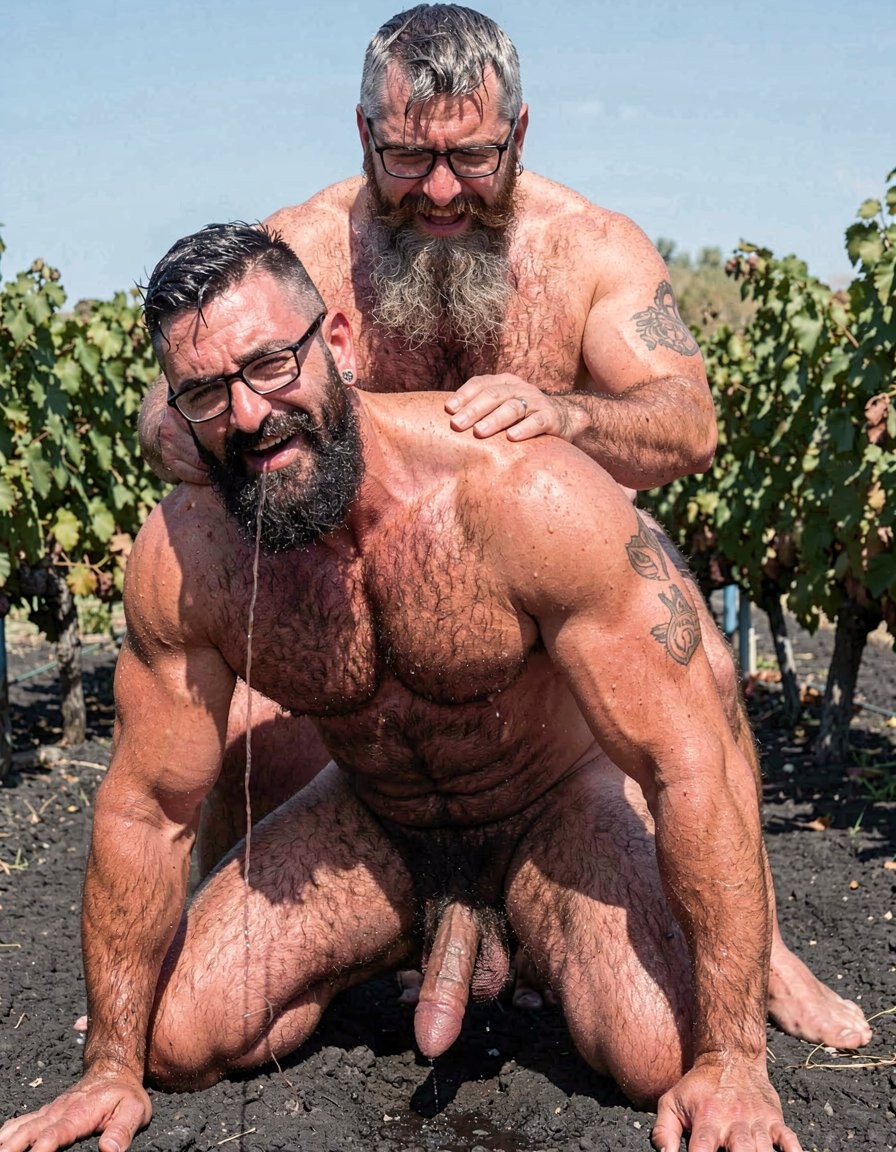 Two naked, muscular men pose outdoors among rows of vineyards, on dark, dry ground under a clear sky. The man in front is kneeling on all fours, with a thick beard, black glasses, a hairy chest, tattoos on his arms, and his penis visible between his legs; his expression is intense, with his mouth open and a thread of saliva falling toward the ground. Behind him, another burly man, also with a long beard, glasses, and tattoos, leans over his back, holding his shoulders with both hands. The scene has a provocative and physical tone, combining male nudity, hairy bodies, bodily contact, a rural setting, and a sunny vineyard.