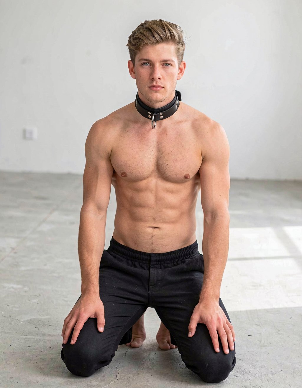 joven desnudo y de rodillas con collar como un perro