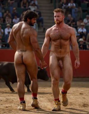 Un torero español musculoso y velludo de 50 años, con torso atlético y marcado, se muestra completamente desnudo, destacando su pene de 30 cm de longitud y 5 cm de grosor, perfectamente formado y rodeado de un denso vello púbico castaño oscuro. Sus testículos, perfectamente formados, cuelgan de forma prominente. La piel bronceada y sudorosa resalta su musculatura definida, con pectorales y abdominales bien marcados y sin grasa. El cabello largo y castaño oscuro está despeinado y sudoroso, con gotas de sudor resbalando por su frente y mejillas. Una barba incipiente y un vello corporal denso que se extiende por su pecho, piernas y brazos completan su apariencia viril. Lleva zapatillas doradas en sus pies.

A su lado, un hombre musculoso y velludo de 30 años, completamente desnudo, muestra un pene de 30 cm de longitud y 4 cm de grosor, hermoso y perfecto, rodeado de un denso vello púbico pelirrojo. Su piel bronceada y sudorosa muestra una musculatura definida, con pectorales y abdominales muy marcados. Tiene cabello pelirrojo despeinado y sudoroso. Tiene una barba pelirroja densa pero bien recortada. El vello corporal pelirrojo denso cubre su pecho, y tiene mucho vello pelirrojo en sus piernas y brazos, lo que realza su apariencia masculina y atlética. Están andando en la plaza de toros con un toro salvaje. Se aman

Ambos hombres se encuentran en una plaza de toros, con sombras que resaltan su musculatura y vello corporal, creando un ambiente sensual y cargado de tensión. Están en pleno acto de pasión, con sus penes erectos y testículos prominentes ,destacando su musculatura, vello corporal y atributos viriles en una imagen impactante y llena de energía. La escena está llena de sensualidad y poder, con los dos hombres como protagonistas, en un ambiente cargado de pasión y erotismo. La imagen es híper realista, con detalles de alta calidad, y muestra la unión de los dos hombres en un acto de pasión y dominio, con sus cuerpos musculosos y velludos completamente desnudos y visibles, mostrando su excitación y pasión en cada detalle. Tienen sus penes erectos. Están totalmente desnudos. Tiene un pene de 30 cm de longitud y 5 cm de diámetro.
