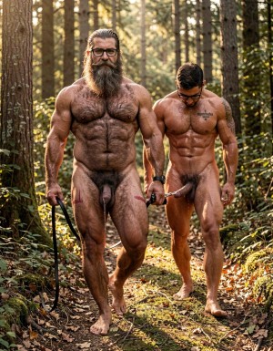 Hyperrealistic cinematic photograph, full body side view, perfect anatomy and proportions, zero distortions or deformations. Dense dark forest with a narrow dirt path covered in leaves and roots, soft golden hour light filtering through the tall trees creating long dramatic shadows. Natural outdoor setting with realistic foliage and earthy tones.

Hipsterbarba, 40 years old, 180cm, 80kg, 8% body fat, walks dominant and completely naked on the left side of the frame. Powerful muscle bear physique covered in dense dark body hair on his broad chest, shoulders, abs and thick thighs. Long thick Bandholz beard reaching almost to his chest, curled handlebar mustache, black glasses, serious and superior expression as he looks straight ahead. His right hand firmly gripping a black leather leash, pulling it with steady tension.

Anil, 25 years old, extreme bodybuilder slave, 175cm, 80kg, 6% body fat, follows one step behind on the right, also completely naked. Smooth tanned skin from the neck down glistening with a light layer of fresh sweat. Massive 127cm chest, deep eight-pack abs, 47cm veiny arms, tiny 60cm waist, round 90cm bubbly glutes and 70cm competition quads. Clear tattoo 