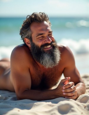 Hombre maduro de 40 años, extremadamente velludo, barba morena, tumbado en la playa, desnudo, masturbándose con pene erecto, piel bronceada, vello corporal abundante, ojos cerrados, expresión de placer, arena blanca, sol brillante, mar al fondo.