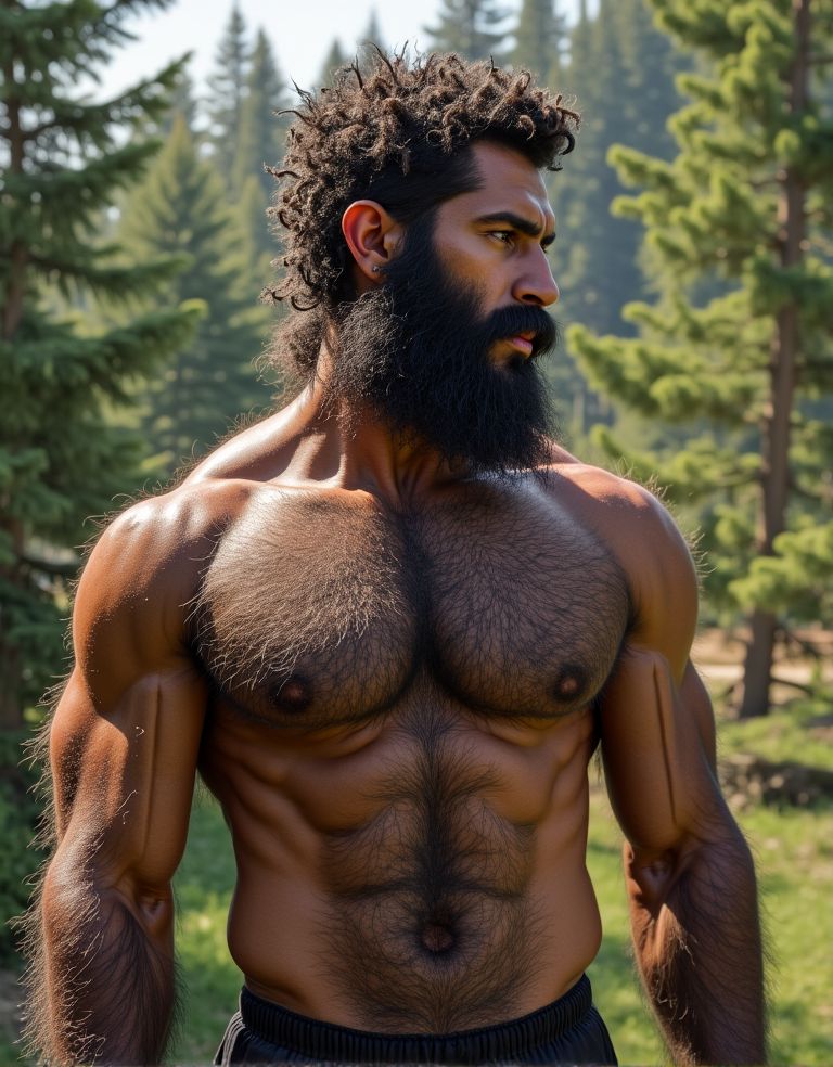 Hombre desnudo musculoso de piel bronceada y muy peludo con mucho vello por todo su cuerpo. Tiene un pene grande y perfecto, bonito y erguido. Tiene testículos grandes y perfectos, colgando con confianza. Su cuerpo está cubierto de vello oscuro y denso, destacando su masculinidad y fuerza. La luz resalta cada músculo definido, desde sus hombros anchos hasta sus piernas fuertes y su torso atlético con grandes pectorales. El vello cubre sus brazos, pecho, abdomen y piernas, dándole un aspecto salvaje y primitivo. Su rostro varonil, con una barba espesa y oscura, complementa su apariencia de hombre fuerte y seguro de sí mismo. La imagen es hiperrealista, con detalles de alta calidad que destacan cada faceta de su anatomía masculina. El fondo es un paisaje con árboles pinos y arbustos de romero y tomillo en flor. Ambiente muy luminoso y lleno de color. Imagen en ultra alta definición 4K, imagen en hiperrealidad.