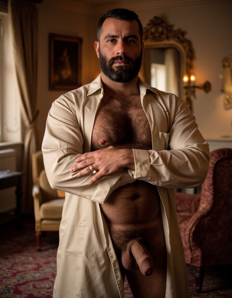 Un hombre árabe maduro de 50 años, musculoso y varonil, con una barba y bigote espesos, y un cuerpo cubierto de vello, viste un traje tradicional árabe desabrochado, revelando su pecho velludo. Su mirada es intensa y dominante. Está de pie en una habitación lujosa con alfombras y cortinas de seda, bañado en una iluminación cálida y sensual. Su pene erecto, peludo y lleno de venas, mide 40 cm de longitud y 8 cm de diámetro, y está a punto de eyacular. Con las manos en la parte inferior del abdomen, rodea su pene para masturbarse, destacando su excitación y placer. La imagen es hiperrealista, con detalles de alta calidad, y muestra claramente la textura del vello, la seda y la carne, creando una atmósfera sensual y erótica. Está de espaldas enseñando su culo