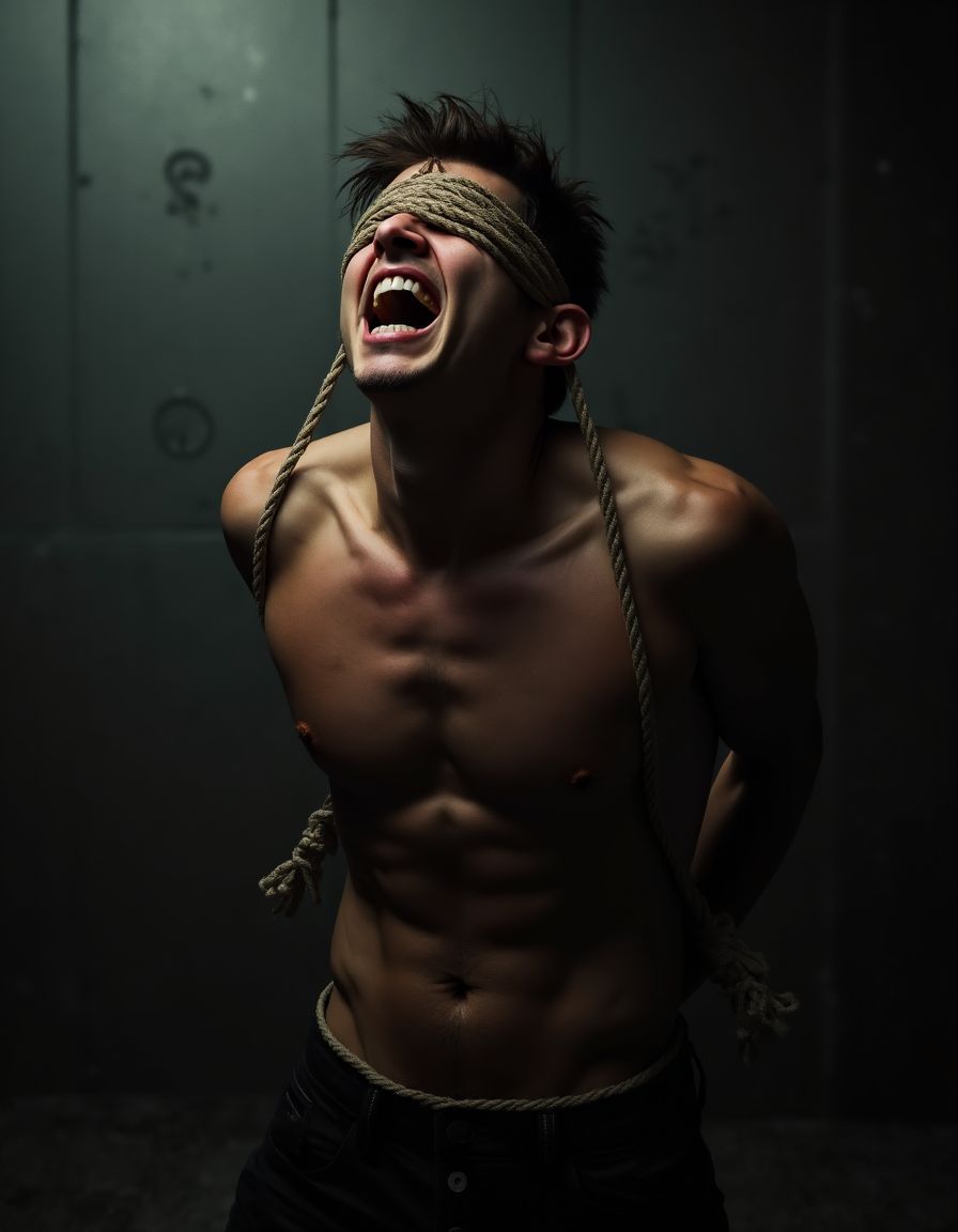 Caucasian male, muscular build, late teens, with short, dark hair and a light five o'clock shadow, blindfolded with a strap made of several ropes, tightly tied up with intricate shibari rope patterns, emphasizing his struggle and helplessness. His wrists are bound behind his back, with additional ropes wrapping around his torso in the style of shibari. He is facing upward and his mouth is open in a scream, revealing straight, white teeth, as he arches his back in agony, his chest heaving with rapid breathing. The background is a dark, grungy basement, focusing attention on the tortured figure, with a single, harsh light source casting deep shadows on his face and body, highlighting the tension in his muscles and the desperation in his contorted features. The overall atmosphere is one of intense, visceral pain and vulnerability, with the shibari ropes serving as a stark reminder of his restraint and subjugation. Hyper-realistic, high-contrast image with meticulous attention to detail, capturing the raw emotion and physical distress of the scene.