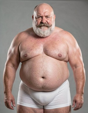 Un anciano calvo con barba  bigote grueso y expresión severa, tiene un cuerpo obeso con una prominente barriga, viste solo un slip blanco que resaltan sus generosas formas, especialmente sus pechos enormes que cuelgan sobre su abdomen, mostrando una figura masculina con un toque de ironía y sensualidad, con un enfoque en la textura de su piel y el brillo de su calva, en un estilo hiperrealista con detalles de alta calidad.