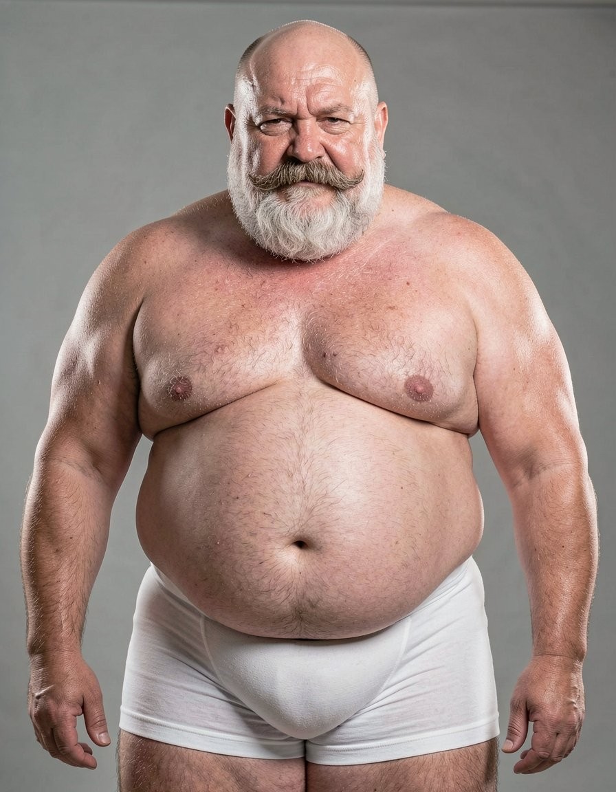 Hombre corpulento y calvo, de edad madura, posando de frente con expresión seria y mirada directa, sobre un fondo gris neutro de estudio. Tiene una barba blanca abundante y bien recortada, bigote grueso y cejas marcadas, con el torso desnudo mostrando hombros anchos, brazos robustos, pecho amplio con vello corporal y abdomen prominente. Lleva ropa interior blanca tipo bóxer ajustado, que cubre la zona íntima y resalta su complexión fuerte y pesada. La iluminación suave destaca la textura de la piel, las arrugas faciales, el volumen del cuerpo y una presencia imponente, casi de retrato fotográfico masculino clásico.