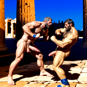 Harmodio y Aristogitón están desnudos. Tienen grandes testículos muy velludos. Luchan en la plaza medieval de Atenas. Luchan pegando puñetazos en el pubis. Golpean con sus grandes penes. Son musculosos y están delgados y bronceados. Tienen mucho vello por todo el cuerpo.