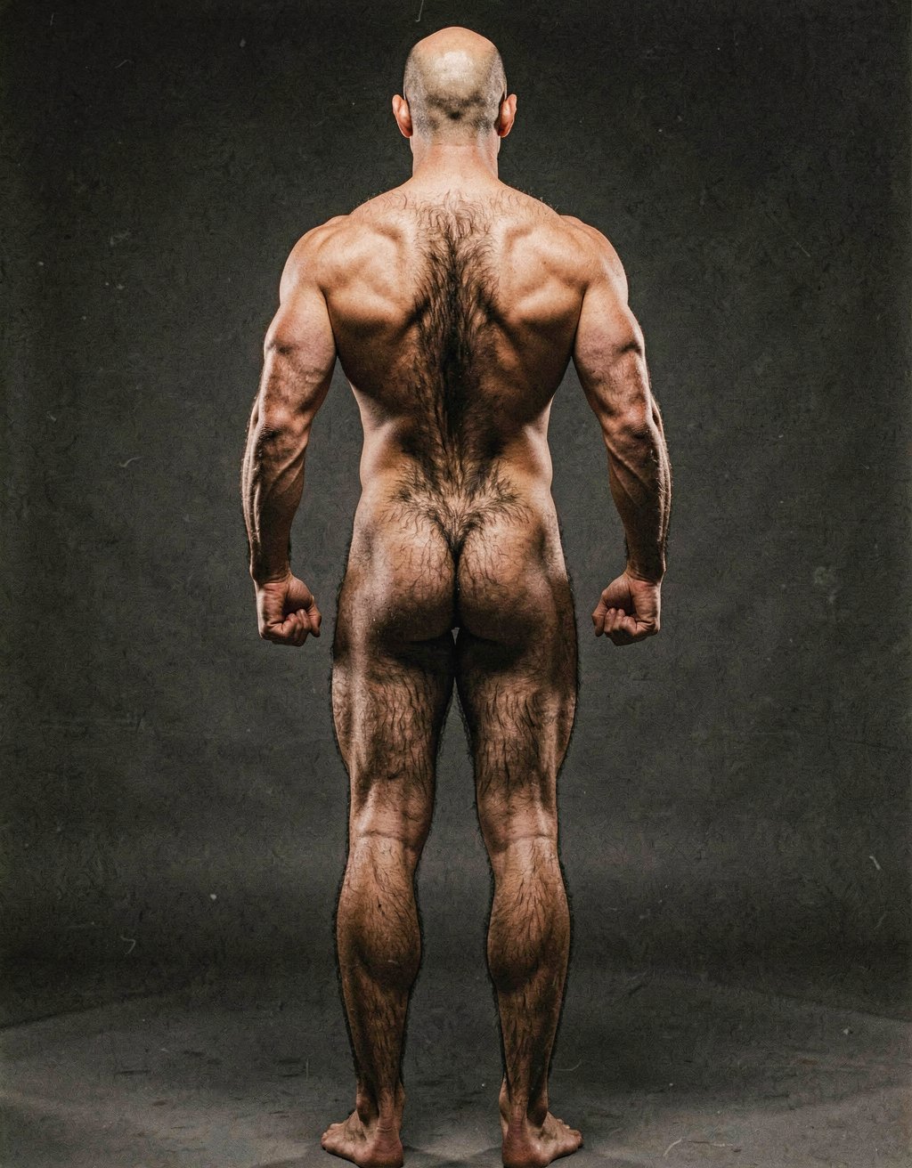 Mike Morris, a 32-year-old extremely lean Caucasian male at only 8% body fat, stands completely naked in a strict military attention pose seen from directly behind in a full posterior view. His back is perfectly straight, shoulders pulled back, arms rigid at his sides with fists clenched, legs straight and together, head held high. The shot captures him from the heels of his feet all the way up to the top of his bald head. His advanced Norwood III-IV baldness is clearly visible from behind, with a smooth tanned scalp on the crown and short dense dark brown hair only on the sides and lower back of the head. His back is highly defined and vascular: wide lats tapering dramatically to a very narrow, tight waist, thick trapezius muscles, and dense dark brown body hair lightly covering the shoulders and becoming much thicker and denser across the lower back and lumbar area, especially between the lats. His ass is tight, muscular and round with almost no fat, the glutes clearly separated. Thick dark hair continues down onto his powerful diamond-shaped calves and the backs of his slightly hairy feet. Dramatic directional studio lighting from above and slightly to the side creates strong highlights on his dry, shredded skin and deep shadows that accentuate every muscle fiber, the texture of his dense back hair, and the extreme vascularity and definition of his 8% body fat physique. Photorealistic, high-contrast, masculine 1970s Colt Studio aesthetic, grainy film texture, commanding and powerful presence.