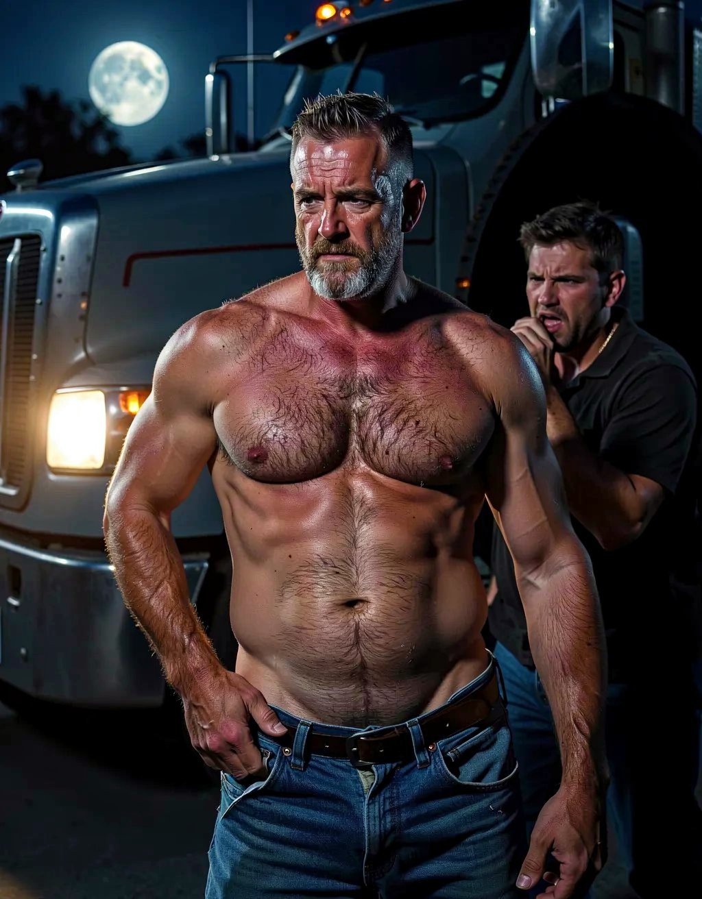 A muscular, burly man appears in the foreground with a bare torso, sweaty skin, hairy chest, gray beard, and serious expression, wearing blue jeans with a belt while lowering one hand toward the waistband of his pants. The nighttime scene is illuminated by the headlights of a large silver truck, with the cab and wheel filling the background and a bright full moon above the dark sky, creating an intense and cinematic atmosphere. Behind him, another man in a dark polo shirt holds him by the arm or shoulder, with a tense expression, as if trying to stop or restrain him, reinforcing a sense of confrontation, road, physical strength, and drama under the night light.