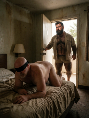 A naked, blindfolded man is kneeling on all fours on an unmade bed, resting on his forearms in a vulnerable posture of submission, leaving his back, buttocks, and part of his torso visible. Behind him, next to an open door through which outside light enters, another robust, very hairy man appears, with a beard, an open beige shirt, shorts, and boots, holding the door handle while observing the scene. The room has a deteriorated and austere appearance, with stained walls, a simple lamp, wrinkled sheets, and a raw atmosphere of an abandoned motel, charged with sexual tension, domination, voyeurism, and BDSM aesthetics.