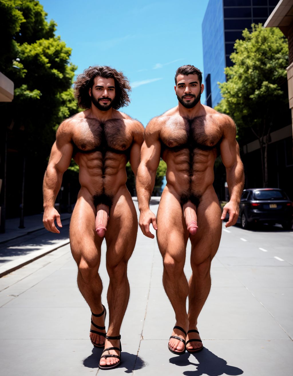 Dos hombres jóvenes desnudos musculosos y fibrosos. Tiene pene grande. Están andando por la calle. Tienen sandalias en los pies. El pene y los testículos se mueven al aire al andar. El enorme pene se dobla hacia el lado al ritmo del andar. Los testículos botan contra los muslos al andar moviéndose hacia afuera. Tienen mucho pelo vello en el pecho. Tienen los pelos muy rizados y largos. El pelo es vaporoso y se mueve con el aire hacia adelante. Tienen pezones muy largos y son perfectos. Tienen estatura de dos metros y tienen la cintura muy delgada y perfecta.