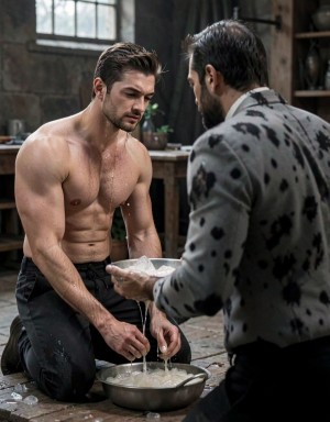 Es un Young men con cuerpo marcado, atlético, promedio, de cuerpo entero, derramando helado sobre su cuerpo, mientras está arrodillado frente a su amo, que está de espaldas y parece un hombre lobo moteado, con poco pelo en el frente de su cuerpo