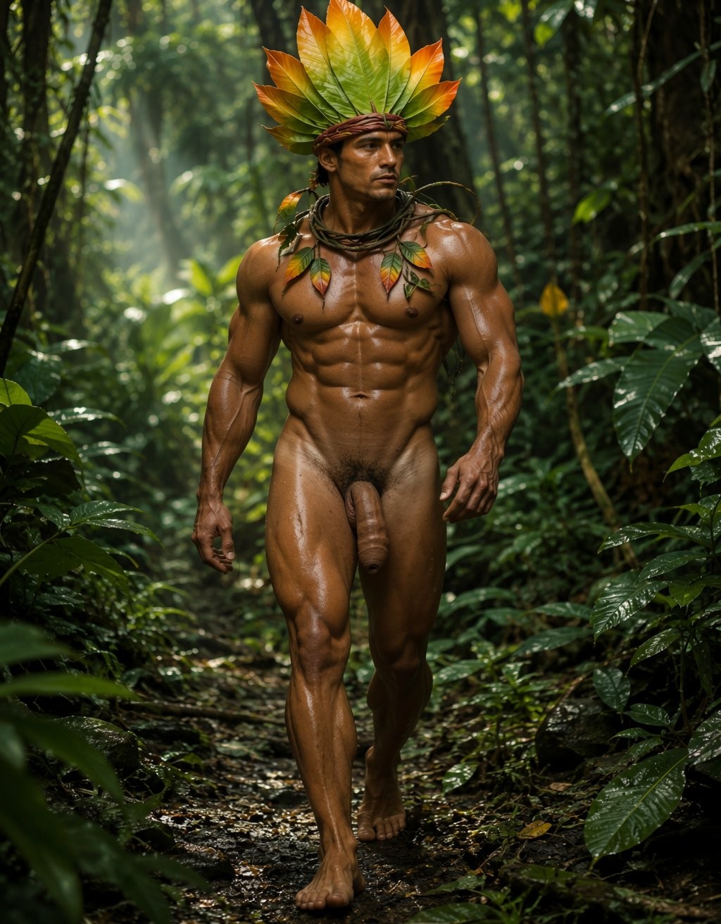 Hombre desnudo y musculoso caminando descalzo por un sendero estrecho en plena selva tropical, rodeado de vegetación densa, hojas húmedas, lianas y luz filtrada entre los árboles. Lleva un gran tocado de hojas verdes, amarillas y naranjas con aspecto ceremonial, además de un collar vegetal con pequeñas hojas y adornos naturales sobre el pecho. Su cuerpo está brillante como mojado por la humedad, con abdominales, brazos y piernas muy definidos; el pene queda visible de forma frontal mientras avanza con expresión seria y mirada dirigida hacia un lado. La escena transmite una estética tribal, selvática y ritual, con un ambiente exuberante, salvaje y cinematográfico.