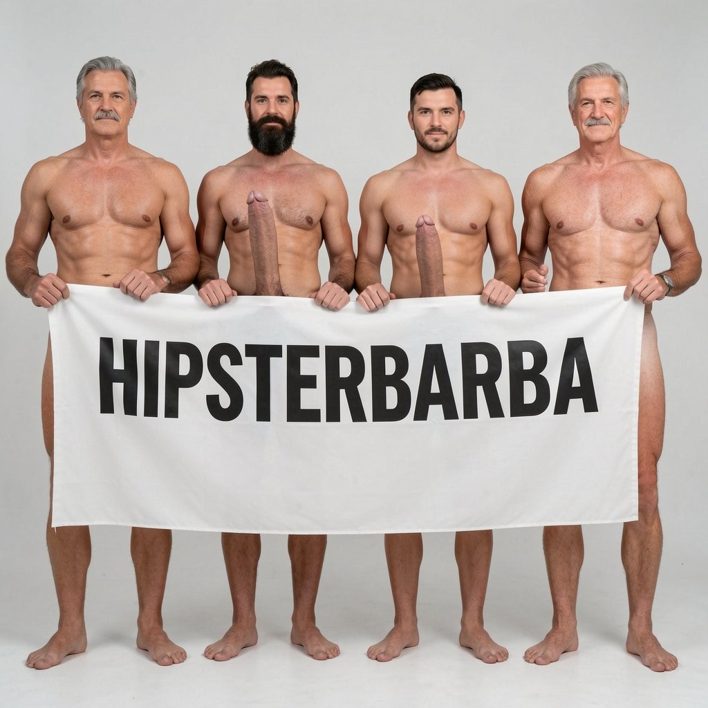 Four naked muscular men holding banner with erect penises visible text HIPSTERBARBA ultra high quality 8K photorealistic: El Comandante Spanish military leader 45 years gray hair stern commanding face muscular body 185cm holding left side of banner with both hands erect penis 25cm thick visible hanging below banner dominant presence, Soldado Bartolo Spanish soldier 35 years thick dark beard hairy muscular body 180cm holding center-left of banner erect penis 18cm visible below banner masculine hairy physique, Superman superhero 195cm perfect smooth muscles short black hair holding center-right of banner enormous erect penis 23cm visible below banner superhuman build, General Castaños 60 years gray hair mustache experienced body 175cm holding right side of banner thick erect penis 20cm visible below banner military posture, all four men completely naked standing in row full body visible holding horizontally between them large white fabric banner chest height with bold clear black letters spelling HIPSTERBARBA professional typography banner held at torso level all four erect penises prominently visible hanging below banner different sizes clearly shown military office background professional lighting 8K photorealistic resolution masterpiece quality every penis detail visible.