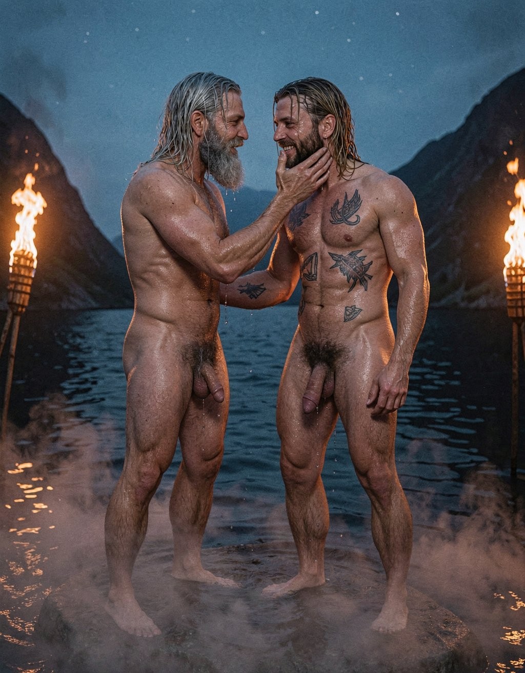 Two naked, wet men stand on a rock beside a dark lake among mountains, illuminated by lit torches on both sides and under a starry night sky. The older man, with long gray hair and a full beard, caresses the other’s cheek with one hand, creating an intimate and serene scene. The younger man, muscular, with a brown beard, wet hair, and several tattoos on his chest and abdomen, looks at him smiling. Both have visible penises and pronounced pubic hair, while low mist surrounds their legs and the water reflects the warm light of the fire in a ritualistic, Viking, and romantic atmosphere.