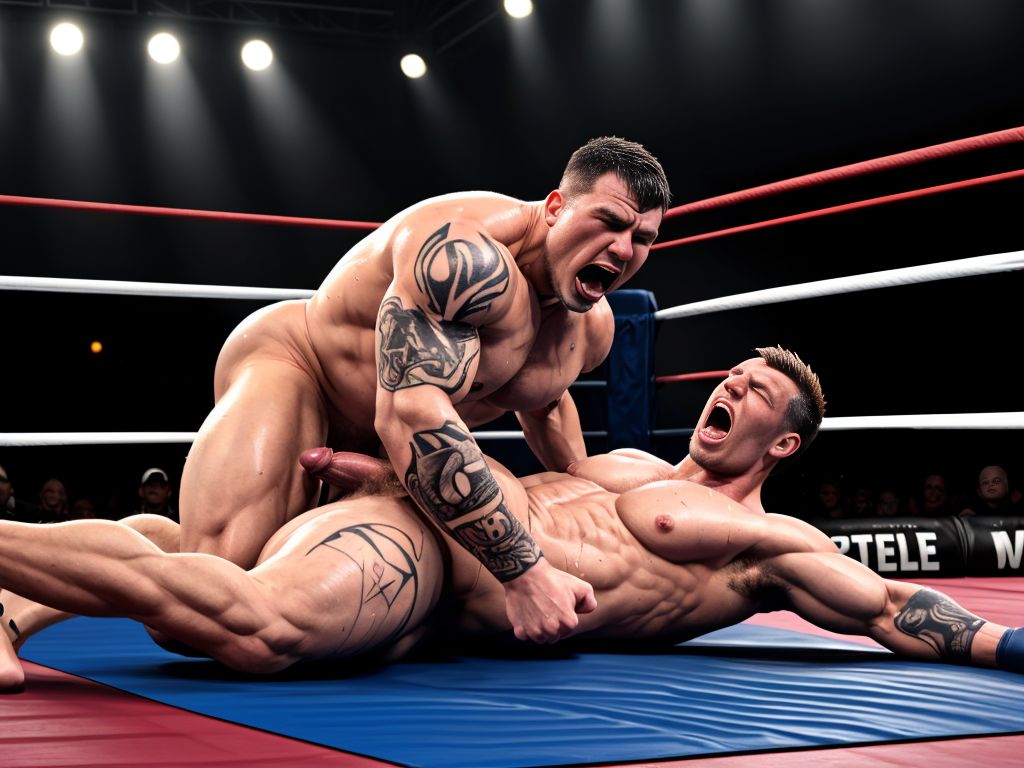 Dos hombres maduros, medianamente musculosos, (((completamente desnudos, mostrando enormes penes erectos))), luchan tumbados sobre un tapiz, tatuajes visibles, expresan fuerza y energía, gritan, sacan la lengua, púbico a la vista, sudor en la piel, fondo con público emocionado, luces intensas, ambiente intenso y sensual.