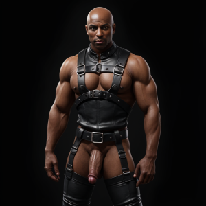 Hombre de piel negra, calvo, con chaparreras y arnés de cuero, pene grande visible, musculoso, pose erguida, fondo oscuro, texturas realistas, detalles anatómicos precisos, ropa de cuero ajustada, expresión confiada.