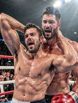 Dos boxeadores musculosos y empapados en sudor aparecen dentro del ring tras un combate intenso, bajo potentes focos de estadio y con el público desenfocado al fondo. El púgil en primer plano, con barba corta, torso desnudo y pantalón blanco, levanta un brazo por detrás de la cabeza mientras grita con gesto de agotamiento y euforia, mostrando el esfuerzo físico del combate. Detrás de él, otro boxeador más alto, también sudoroso y con guantes rojos, lo sujeta de cerca mientras abre la boca en una expresión de celebración o descarga de adrenalina. La escena transmite tensión, victoria, lucha profesional, resistencia y emoción deportiva.