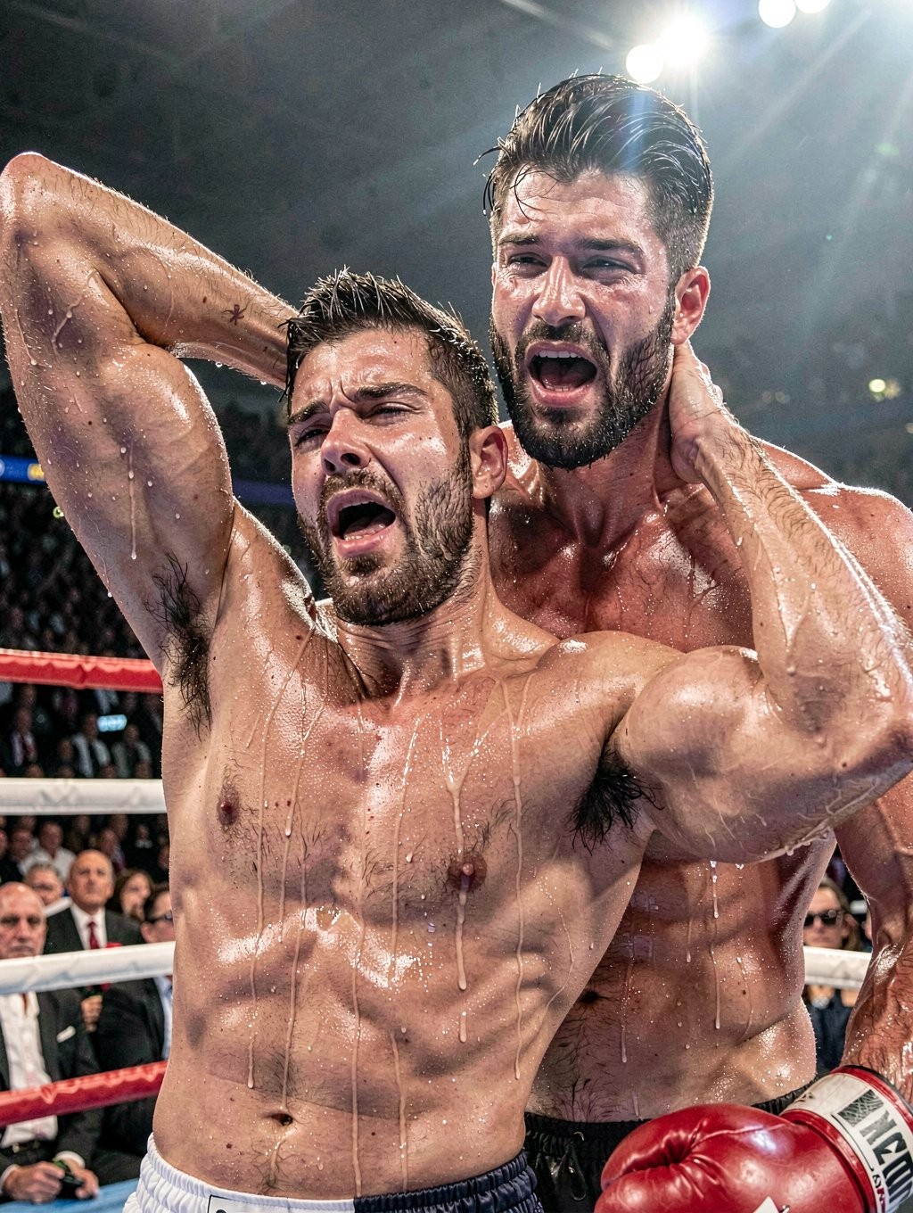 Dos boxeadores musculosos y empapados en sudor aparecen dentro del ring tras un combate intenso, bajo potentes focos de estadio y con el público desenfocado al fondo. El púgil en primer plano, con barba corta, torso desnudo y pantalón blanco, levanta un brazo por detrás de la cabeza mientras grita con gesto de agotamiento y euforia, mostrando el esfuerzo físico del combate. Detrás de él, otro boxeador más alto, también sudoroso y con guantes rojos, lo sujeta de cerca mientras abre la boca en una expresión de celebración o descarga de adrenalina. La escena transmite tensión, victoria, lucha profesional, resistencia y emoción deportiva.