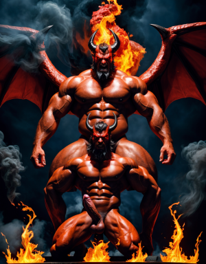 Diablo y Satanás desnudos con pene grande y testículos grandes. Dobla el brazo derecho para enseñar los bíceps del brazo derecho con gran orgullo. Tiene mucho vello por todo el cuerpo. Está bronceado. Tiene alas de diablo negras y rojas oscuro. Los brazos están hacia arriba implorando rayos y fuego. Tiene un chorro de fuego en el pene que sale a chorros rojos hacia arriba de su pene erecto tieso hacia arriba. Sus ojos son grandes y rojos. Tiene testículos grandes y oscuros. Está rodeado de llamas y humo. Tienen cara de maldad y con barba. Se ven los pies. Quiero ver los pies. Está delgado. Está con los huevos gordos a la vista.