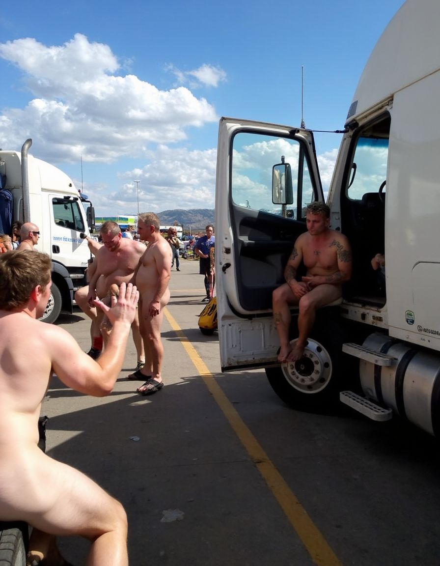 Lugar de cruising entre camiones,  varios hombres desnudos buscan camioneros,  algunos camioneros se asoman desde sus camiones sentados en la puerta delantera y con la puerta abierta,  enseñando sus penes erectos