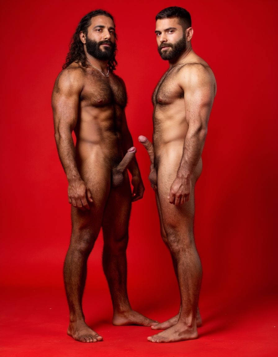 Dos guerreros musculosos de cuerpo delgado y alto, cuerpo completamente desnudo y velludo, mostrando polla venosa de 30 cm de longitud y 5 cm de grosor. Tienen la piel bronceada por el Sol, con pelo muy largo y barba. Tiene pies fuertes. Están contentos. Tienen músculos marcados definidos y sin nada de grasa. Tienen aspecto muy viril. Tienen cuerpo muy delgado pero con los músculos marcados y muy definidos. Están tensos haciendo fuerza para mostrar sus músculos marcando los músculos. Fondo rojo.
