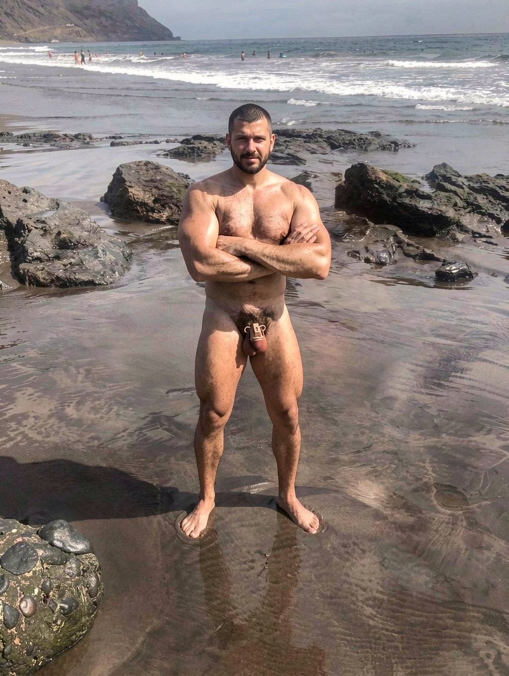 Un hombre desnudo posa de pie en una playa rocosa, con los brazos cruzados sobre el pecho y mirando directamente a la cámara, mostrando el torso velludo, las piernas musculadas y el pene visible. Está descalzo sobre arena húmeda cubierta por una fina lámina de agua, rodeado de grandes rocas oscuras y charcos de marea que reflejan la luz. Al fondo se extiende el mar con olas rompiendo cerca de la orilla, varias personas bañándose o caminando en la distancia y un acantilado costero bajo un cielo despejado, creando una escena natural de costa, surf y paisaje marítimo.