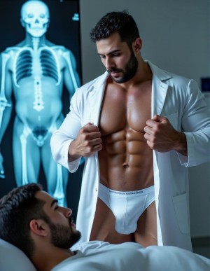 Un paciente tumbado en la camilla en el Servicio de radiología se ve sorprendido por el atractivo técnico de rayos X, que se abre el pijama para mostrarle su erección. 