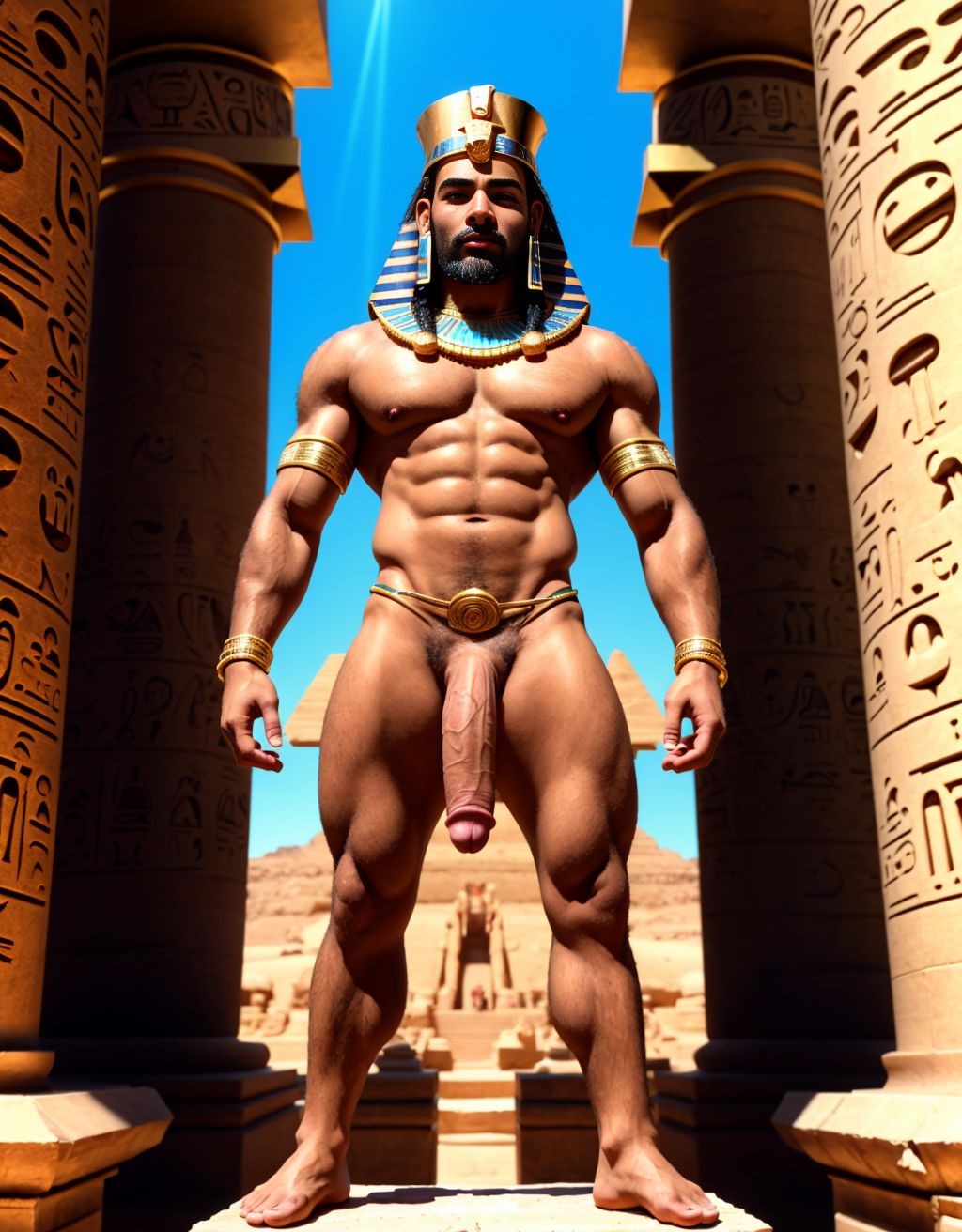 Faraón Ramsés 2 está desnudo en el Gran Templo de Abu Simbel. Tiene un pene muy grande. Tiene dos testículos grandes.  Está recibiendo un de rayo de luz del sol. En la cabeza tiene una doble corona del Alto y Bajo Egipto, el pschent. Tiene el nemes el tocado faraónico. Tiene barba perilla recortada en forma rectangular en su barbilla de la cara. Tiene el faldellín. A su lado está la estatua de un dios llamado Re-Horackhty totalmente desnudo. Tiene sandalias de faraón. Tiene mucho vello por todo su cuerpo. Tiene un hombre esclavo totalmente desnudo ofreciendo su pene erecto como ofrenda al faraón. Tiene sandalias en los pies. Tiene pulsera en su pie. Tiene mucho vello en todo el cuerpo. Tiene vello en su pecho. Tiene mucho vello en brazos y piernas.