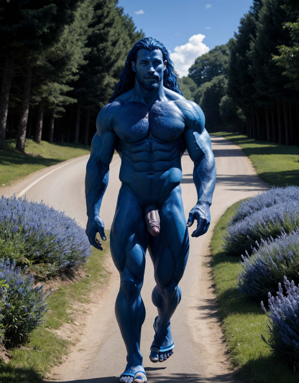 Hombre azul desnudo musculoso azul, tiene pene color azul, tiene testículos color azul. Tiene sandalias azules. Tiene mucho vello. Tiene pelo azul largo ondulado azul. Tiene pezones grandes largos y puntiagudos: 1.9. Está andando por un camino en el campo con flores azules. Sale líquido de sus pezones.