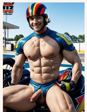 Hombre musculoso semidesnudo, pene visible, torso desnudo, traje de motorista parcialmente quitado, pecho y abdomen definidos, sentado en una moto de carreras, casco en mano, sonriendo confiadamente, fondo gasolinera iluminada, texturas hiperrealistas, 8K, foco en la figura masculina y la moto brillante.