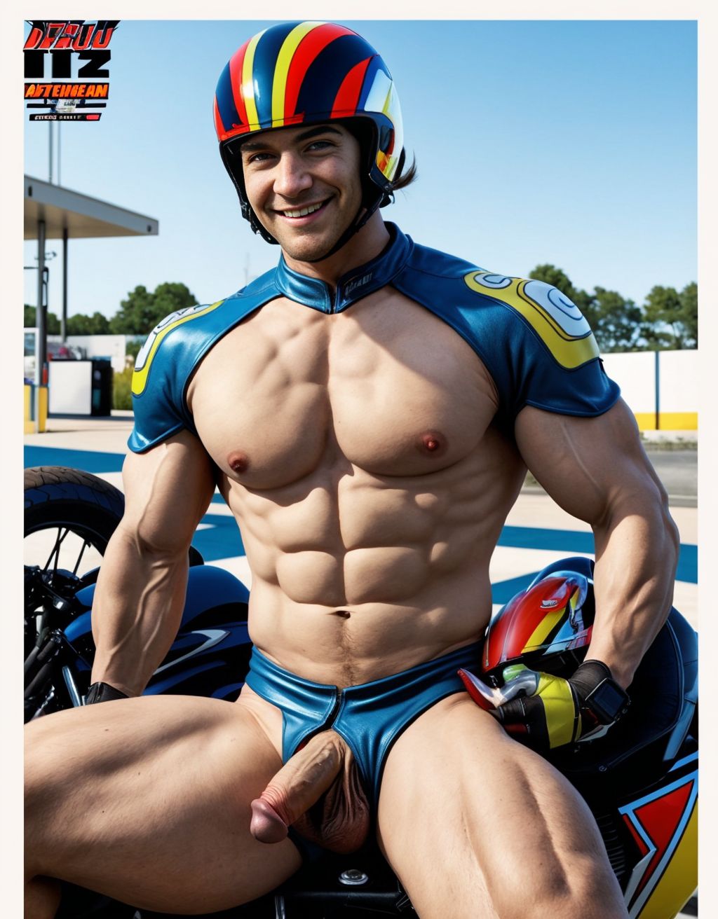 Hombre musculoso semidesnudo, pene visible, torso desnudo, traje de motorista parcialmente quitado, pecho y abdomen definidos, sentado en una moto de carreras, casco en mano, sonriendo confiadamente, fondo gasolinera iluminada, texturas hiperrealistas, 8K, foco en la figura masculina y la moto brillante.