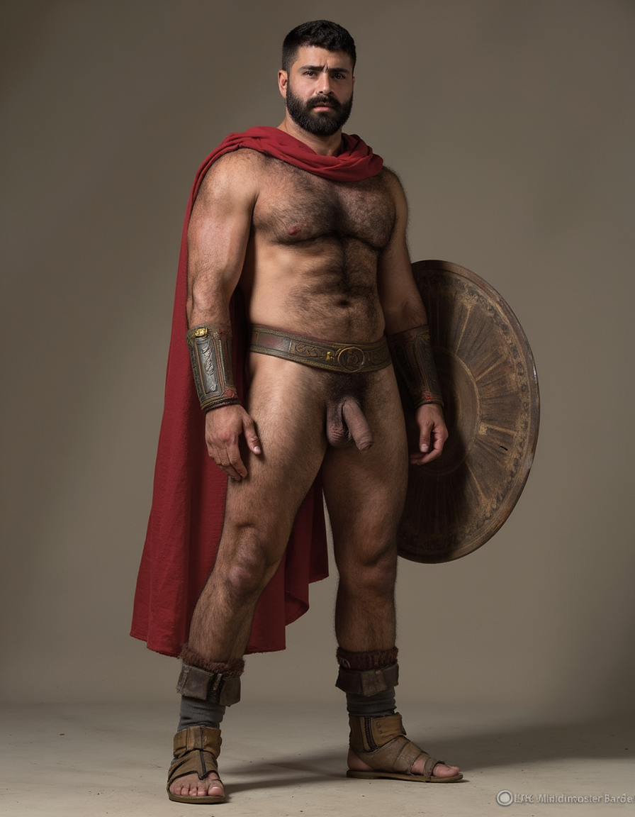 Espartaco en el año 73 a. C. está en Italia del siglo I a.C.. Espartaco es un esclavo y gladiador de combate hombre musculoso y con una altura de 185 cm que está totalmente desnudo. Tiene la piel con cicatrices leves, arrugas de expresión marcadas y la textura propia de alguien que vive a la intemperie, con rastros de polvo y sudor y está totalmente desnudo. Tiene músculos muy marcados y muy definidos, tiene mucho vello en su pecho, tiene mucho vello en sus brazos y en sus piernas, tiene aspecto muy masculino y está totalmente desnudo. Tiene un rostro anguloso y curtido por el sol del Mediterráneo, sus pómulos son marcados y la mandíbula es ancha. Tiene ojos intensos y profundos, con una expresión que mezcla la fatiga de la guerra con la determinación de un líder, tiene cejas pobladas y algo fruncidas. Tiene el cabello de color oscuro (castaño profundo oscuro), lleva el cabello corto pero abundante y desordenado, es un cabello grueso y práctico para el combate. Tiene barba no arreglada, sino una de varios días o semanas, tiene barba densa y algo descuidada, lo que refuerza su imagen de rebelde en constante movimiento. Su cuerpo es el de un atleta funcional totalmente desnudo, tiene una musculatura fibrosa, compacta y muy definida, resultado de años de entrenamiento extremo en la escuela de gladiadores y supervivencia en batalla. Tiene hombros y cuello muy anchos y potentes, desarrollados por el uso constante de la espada y el escudo pesado. Tiene el torso con mucho vello y con cicatrices de antiguos combates en la arena, lo que cuenta su historia de supervivencia antes de la gran rebelión. Tiene un pene erecto de 38 cm de longitud y 9 cm de diámetro. Tiene sandalias de color marrón.

Fondo de hombres gladiadores del hombre Léntulo Batiato (totalmente desnudos con penes de 30 cm de longitud y 8 cm de diámetro)  en Capua junto al hombre Criso (totalmente desnudo con pene erecto de 38 cm de longitud y 8,5 cm de diámetro) y el hombre Enomao (también totalmente desnudo con pene erecto de 37 cm de longitud y 8 cm de diámetro), hartos de la vejación y el maltrato. Se refugiaron en el Vesubio, donde derrotaron a las tropas del hombre Cayo Claudio Glabro (también está totalmente desnudo con pene erecto de 37 cm de longitud y 7 cm de diámetro), iniciando una rebelión que hizo temblar a Roma. 

Durante su avance, sorprendieron al hombre Lucio Cosino bañándose en su piscina (totalmente desnudo con pene erecto de 36 cm de longitud y 9 cm de diámetro). 

El general hombre Craso (totalmente desnudo con pene de 36 cm de longitud y 9 cm de diámetro) tomó el mando para sofocar la revuelta. 