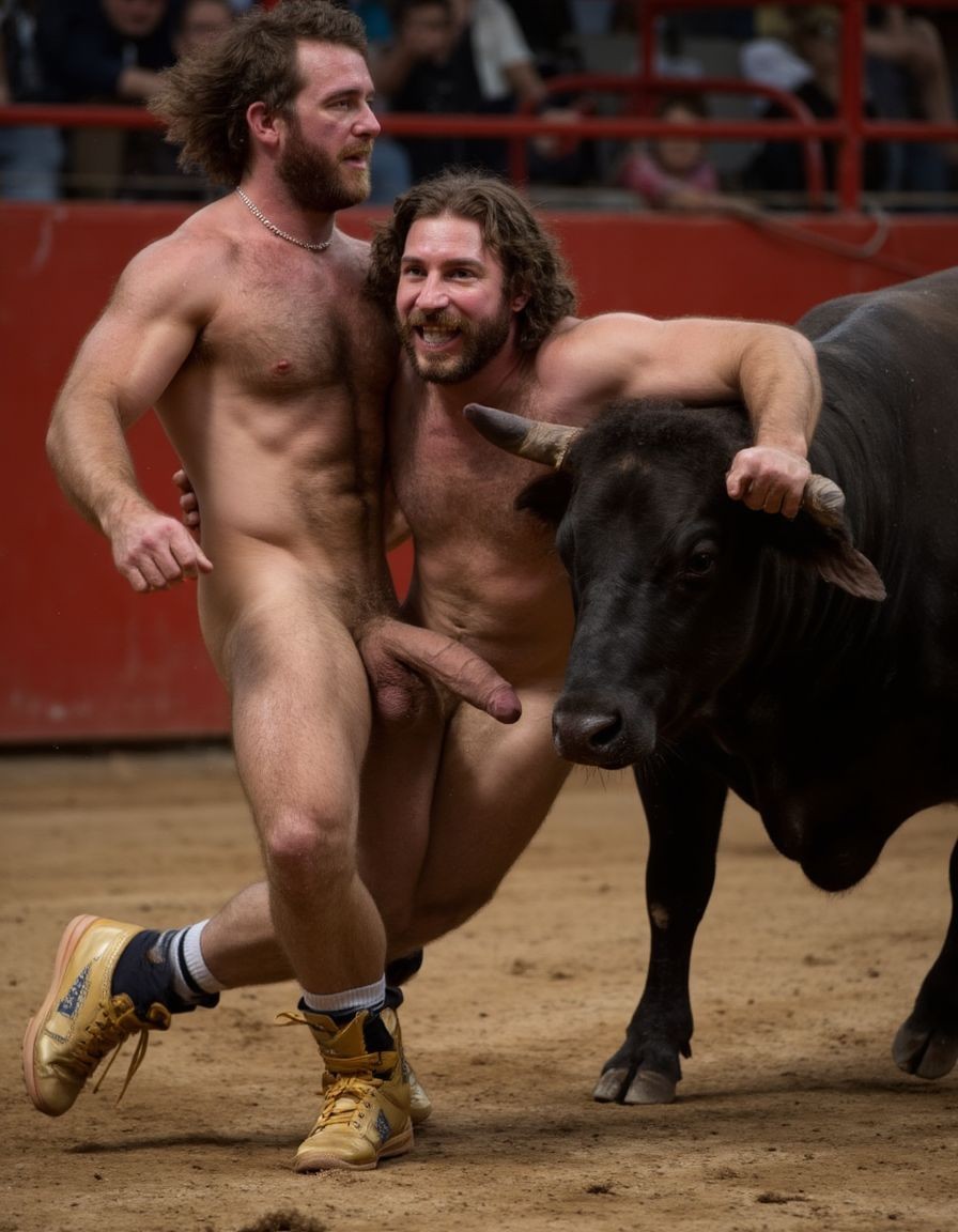 Un torero español musculoso y velludo de 50 años, con torso atlético y marcado, se muestra completamente desnudo, destacando su pene de 30 cm de longitud y 5 cm de grosor, perfectamente formado y rodeado de un denso vello púbico castaño oscuro. Sus testículos, perfectamente formados, cuelgan de forma prominente. La piel bronceada y sudorosa resalta su musculatura definida, con pectorales y abdominales bien marcados y sin grasa. El cabello largo y castaño oscuro está despeinado y sudoroso, con gotas de sudor resbalando por su frente y mejillas. Una barba incipiente y un vello corporal denso que se extiende por su pecho, piernas y brazos completan su apariencia viril. Lleva zapatillas doradas en sus pies.

A su lado, un hombre musculoso y velludo de 30 años, completamente desnudo, muestra un pene de 30 cm de longitud y 7 cm de grosor, hermoso y perfecto, rodeado de un denso vello púbico pelirrojo. Su piel bronceada y sudorosa muestra una musculatura definida, con pectorales y abdominales muy marcados. Tiene cabello pelirrojo despeinado y sudoroso. Tiene una barba pelirroja densa pero bien recortada. El vello corporal pelirrojo denso cubre su pecho, y tiene mucho vello pelirrojo en sus piernas y brazos, lo que realza su apariencia masculina y atlética. Están en la plaza de toros con un toro salvaje. Se aman

Ambos hombres se encuentran en una plaza de toros, con sombras que resaltan su musculatura y vello corporal, creando un ambiente sensual y cargado de tensión. Están en pleno acto de pasión, con sus penes erectos y testículos prominentes ,destacando su musculatura, vello corporal y atributos viriles en una imagen impactante y llena de energía. La escena está llena de sensualidad y poder, con los dos hombres como protagonistas, en un ambiente cargado de pasión y erotismo. La imagen es híper realista, con detalles de alta calidad, y muestra la unión de los dos hombres en un acto de pasión y dominio, con sus cuerpos musculosos y velludos completamente desnudos y visibles, mostrando su excitación y pasión en cada detalle. Tienen sus penes erectos. Están totalmente desnudos. Tienen un pene de 40 cm de longitud y 7 cm de diámetro. Son felices y sonríen. Amor. Se abrazan por la cintura con fuerza y pasión, están muy juntos. Sexo fuerte. El uno sobre el otro haciendo sexo.