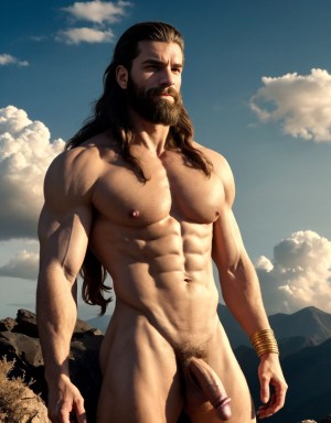 Faraón Ramsés 2 desnudo y viril. Tiene pene grande. Tiene testículos prominentes y velludos. Tiene mucho vello corporal y abundante. Tiene sandalias negras. Tienen barba perfecta. Está flotando en las nubes blancas en el cielo azul. Tiene sandalias negras. Tiene el cabello largo.Está delgado con la cintura estrecha. Tiene los pezones muy grandes y largos.