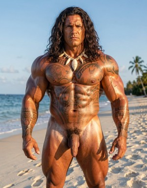Naked man with a very muscular build poses standing on a tropical beach, his tanned body illuminated by the sun and covered with Polynesian-style tribal tattoos on his chest, shoulders, arms, and abdomen. He has long, dark, wavy hair, a serious frontal expression, and a necklace of shells and fangs that reinforces a warrior or Indigenous aesthetic. His defined torso, bulky arms, marked abs, and strong legs occupy the center of the scene, with the penis naturally visible. In the background are the seashore, light sand with footprints, blue sky, and palm trees, creating an exotic and warm beach atmosphere.