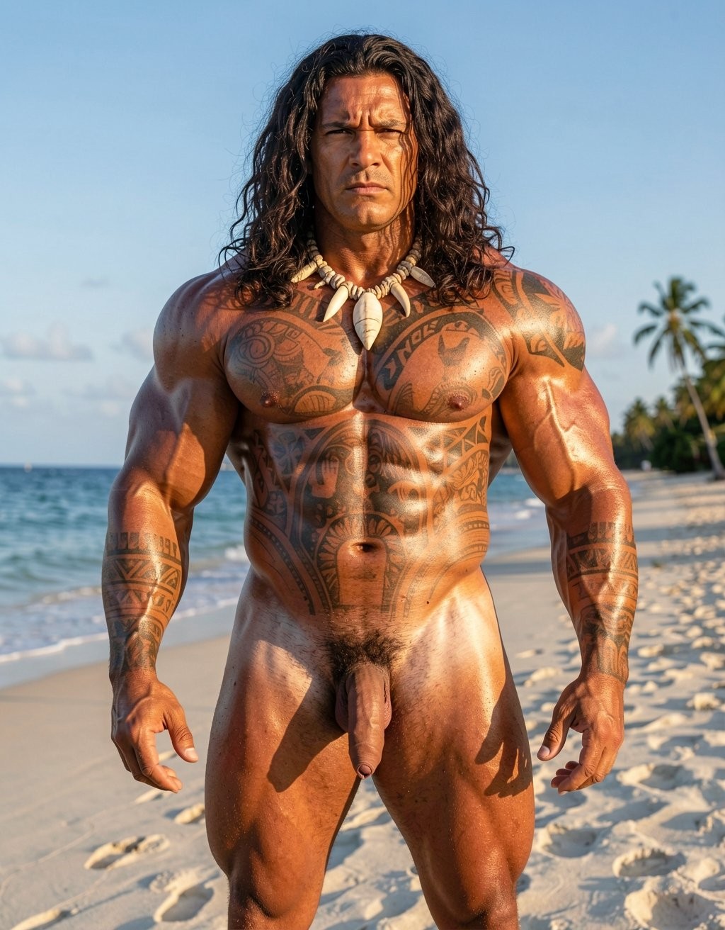Hombre desnudo de complexión muy musculosa posa de pie sobre una playa tropical, con el cuerpo bronceado iluminado por el sol y cubierto de tatuajes tribales de estilo polinesio en pecho, hombros, brazos y abdomen. Lleva el pelo largo, oscuro y ondulado, expresión seria y frontal, y un collar de conchas y colmillos que refuerza una estética guerrera o indígena. Su torso definido, brazos voluminosos, abdominales marcados y piernas fuertes ocupan el centro de la escena, con el pene visible de forma natural. Al fondo aparecen la orilla del mar, arena clara con huellas, cielo azul y palmeras, creando un ambiente de playa exótica y cálida.